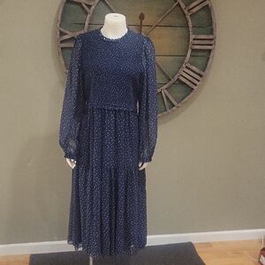 Wilfred By Aritzia Roslyn Smocked  Elegant Navy Blue Polka Dot Dress